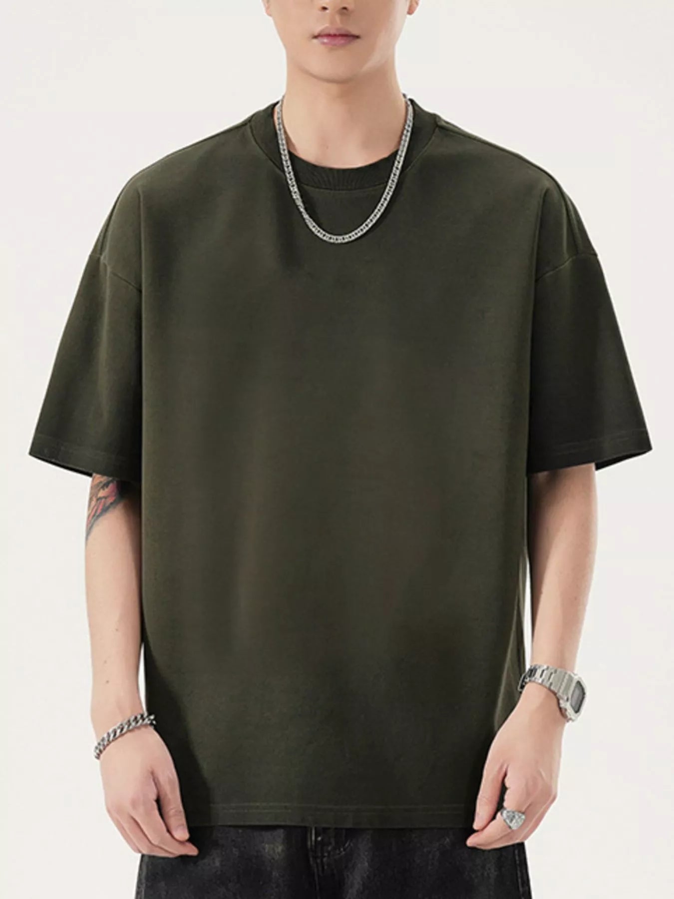 Men's Full Size Oversized Round Neck T-Shirt Plus Size Olive Green Trendsi