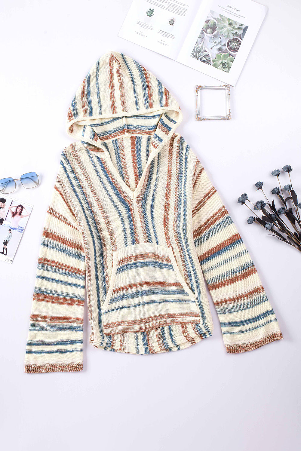 Outfit Flow - Contrast Striped Dropped Shoulder Hooded Knit Top