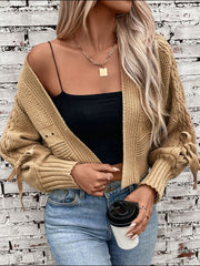 Outfit Flow - Cable-Knit Tied Open Front Lantern Sleeve Cardigan