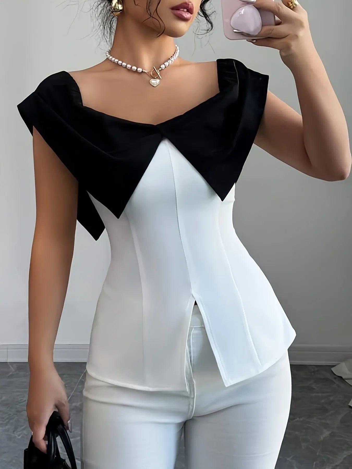 Slit Contrast Cap Sleeve Blouse OutfitFlow