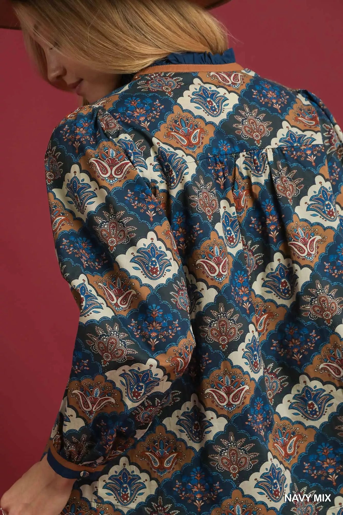 Umgee Abstract Print Ruffle Neck Top OutfitFlow