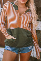 Outfit Flow - Drawstring Stripe Half Zip Long Sleeve Hoodie