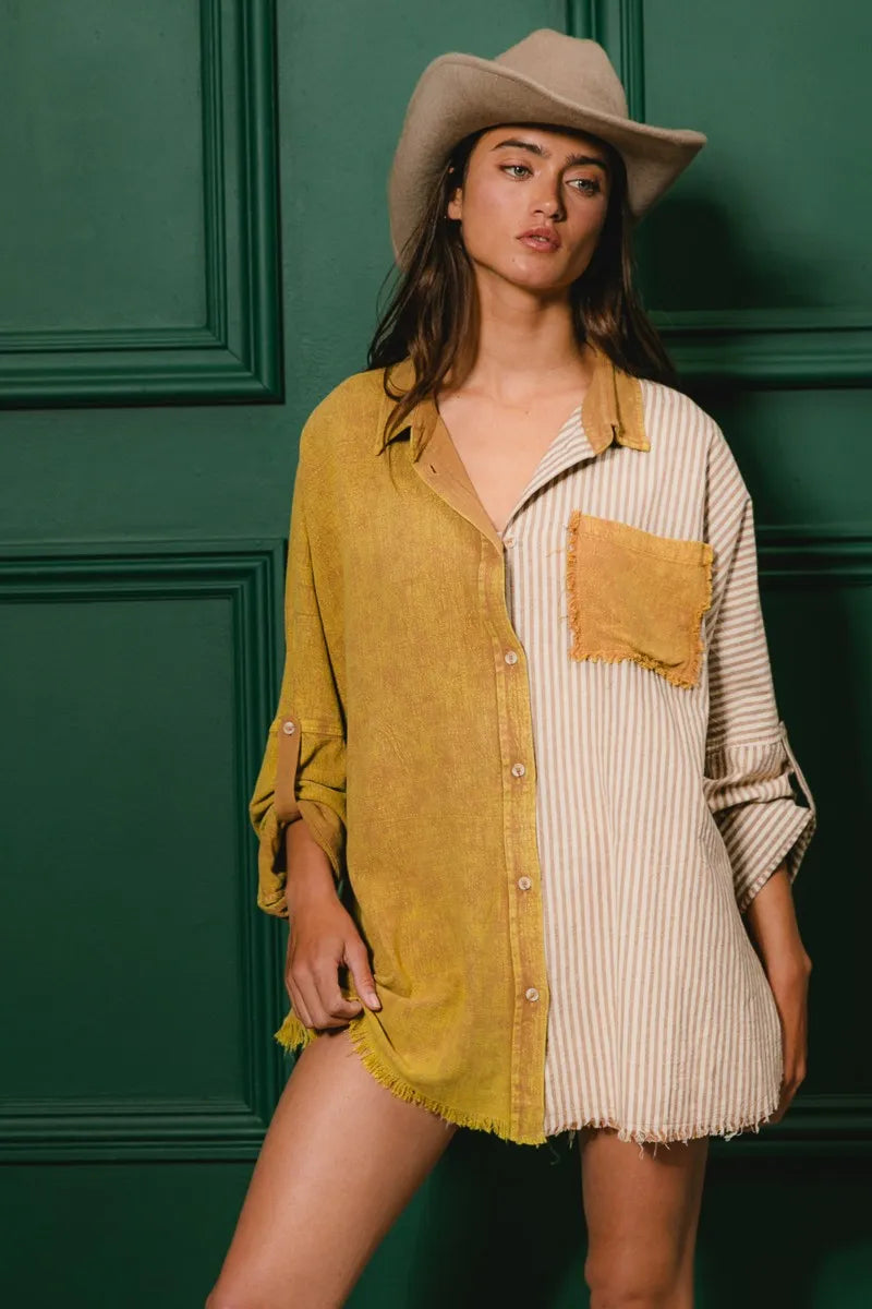 BiBi Washed Raw Hem Shirt OutfitFlow