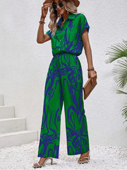 Printed Button Up Shirt and Pants Set OutfitFlow