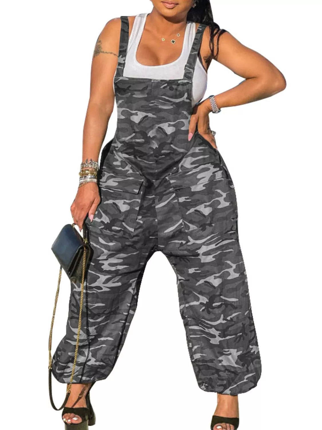 Casual Camouflage Square Neck Overalls OutfitFlow