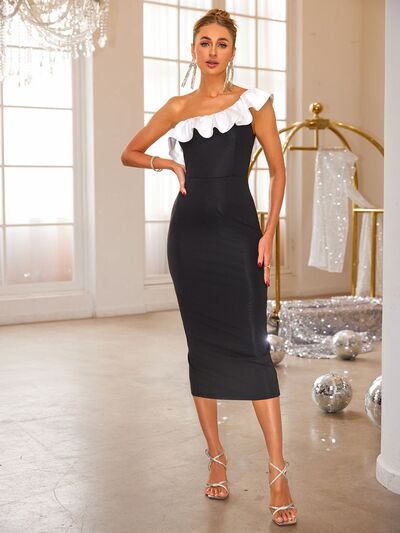 Slit Contrast Single Shoulder Midi Dress OutfitFlow