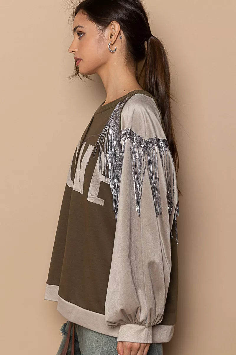 POL Balloon Sleeve French Terry Sweatshirt with Sequin Tassel OutfitFlow