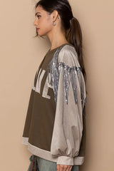 POL Balloon Sleeve French Terry Sweatshirt with Sequin Tassel OutfitFlow