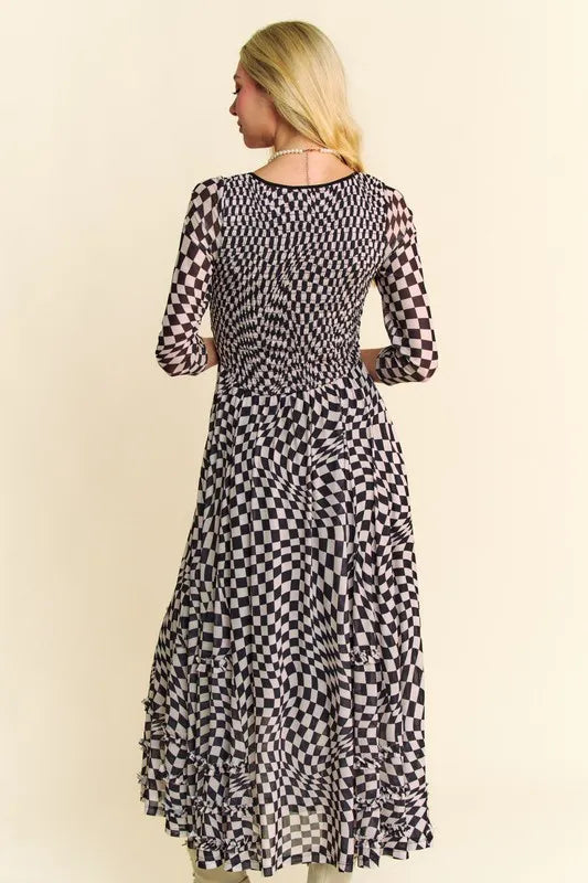 Davi & Dani Printed Checker Mesh Flowy Maxi Dress OutfitFlow