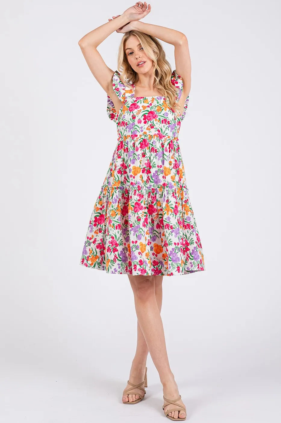 Mittoshop Flower Print Ruffle Shoulder A-line Mini Dress OutfitFlow