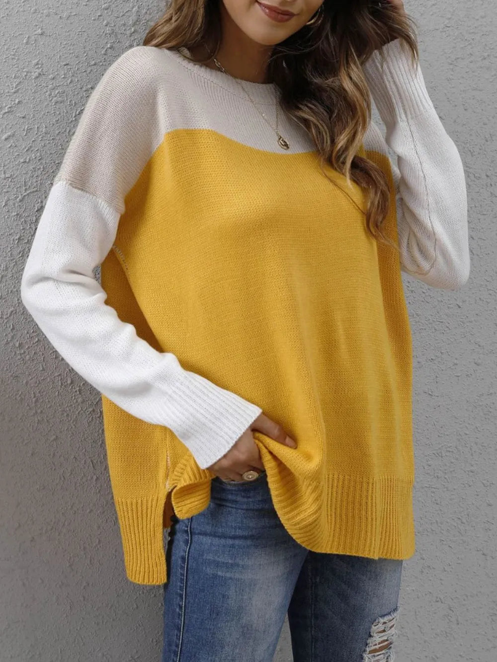 Color Block Round Neck Sweater OutfitFlow