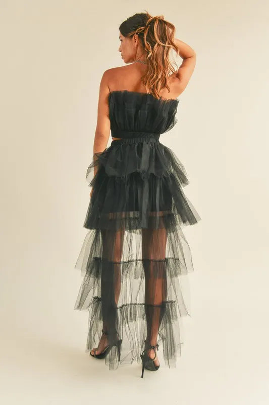 MABLE Tulle Tube Ruffle Crop Top and High Low Maxi Skirt Set OutfitFlow