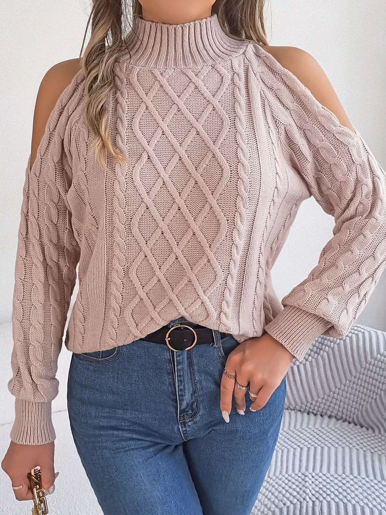 Cable Knit Cold Shoulder Turtleneck Sweater OutfitFlow