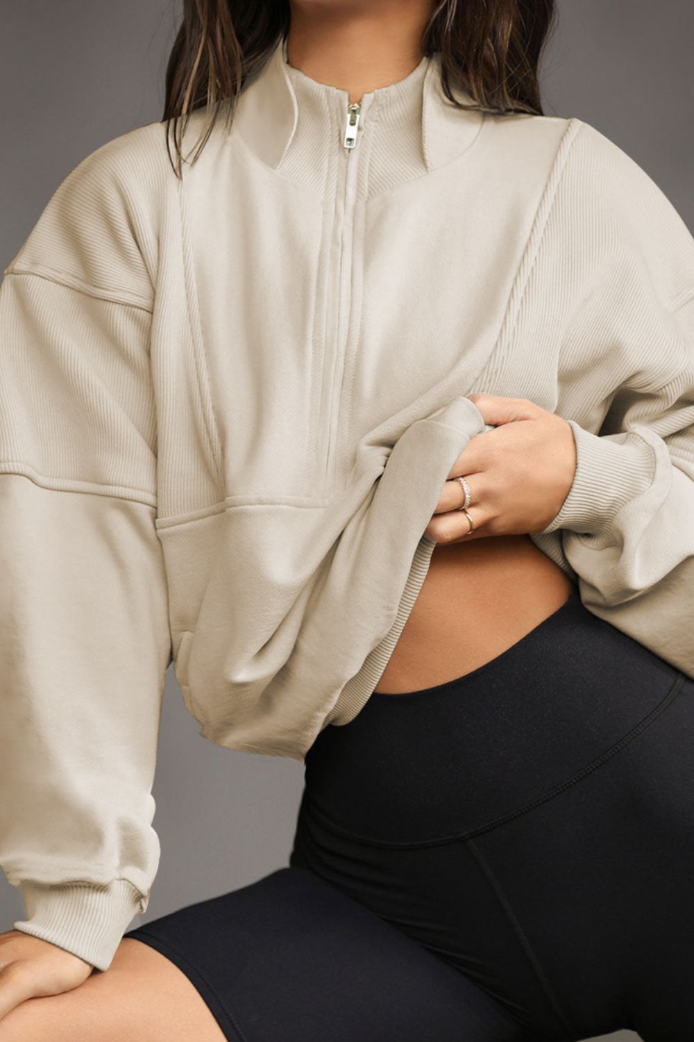 Half Zip Drop Shoulder Long Sleeve Sweatshirt OutfitFlow