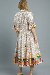 Umgee Printed Smocked Waist Flounce Sleeve Midi Dress OutfitFlow