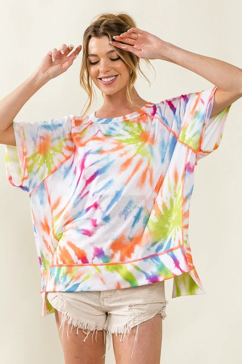 BiBi Tie Dye Print Jersey Stitched Uneven Hem Top OutfitFlow
