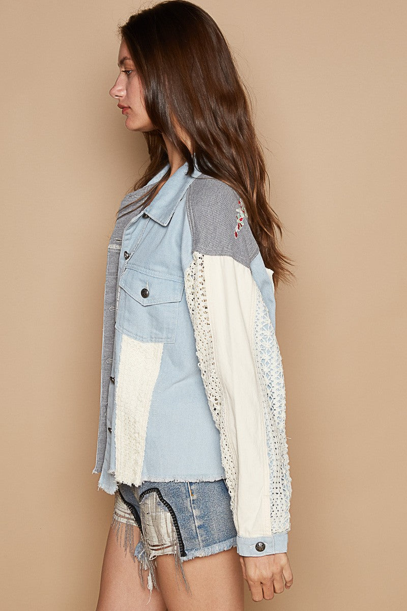 Outfit Flow - POL Raw Hem Crochet Embroidery Jacket with Chest Pockets