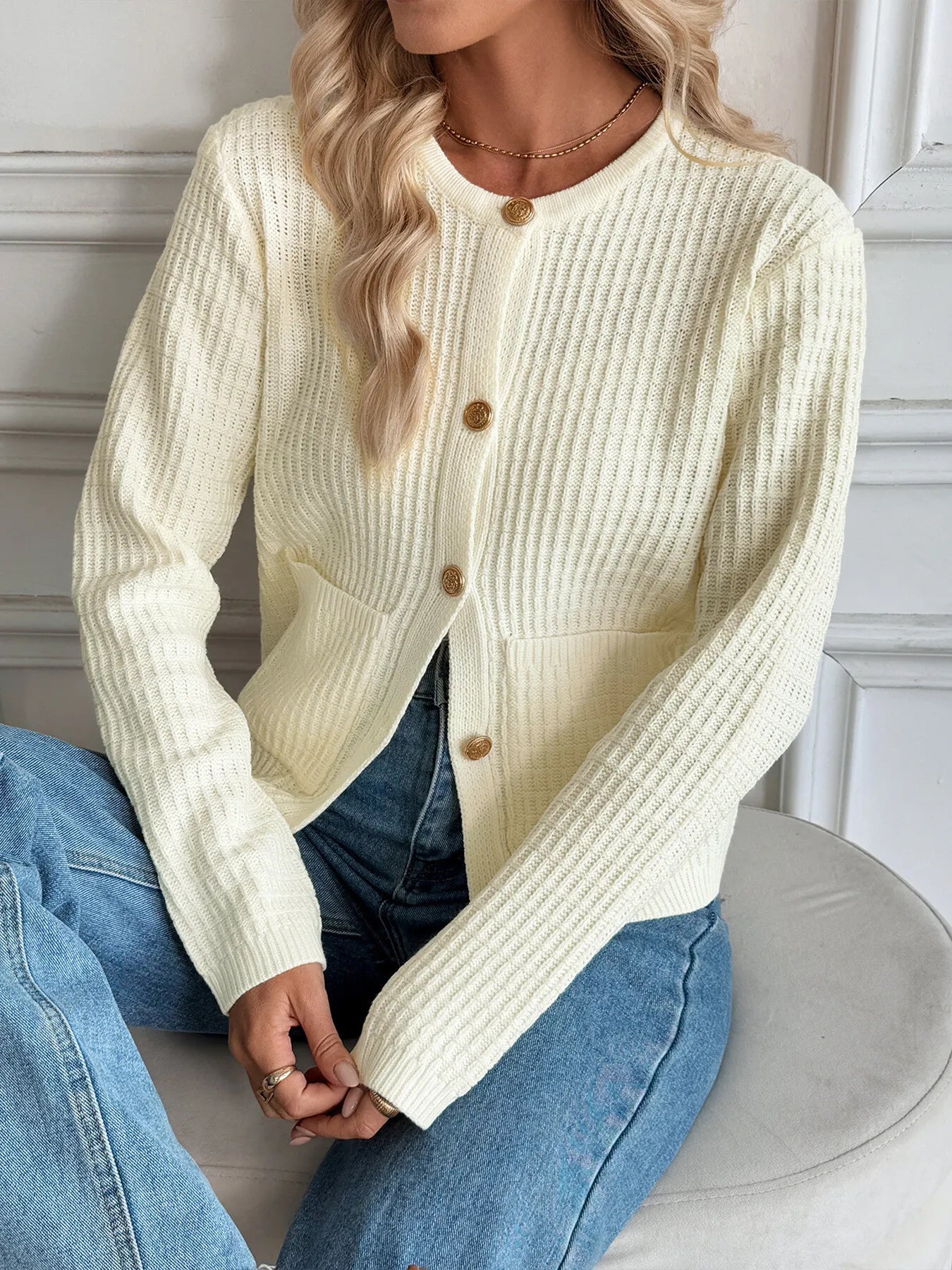 Button-Up Long Sleeve Cardigan with Pockets OutfitFlow