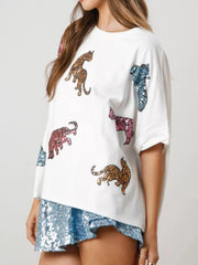 Sequin Tiger Round Neck T-Shirt OutfitFlow