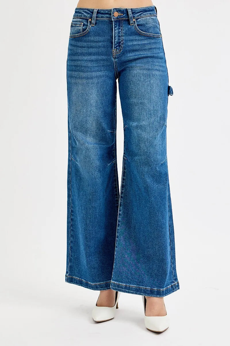 RISEN Full Size High Rise Wide Leg Patch Detailed Jeans Plus Size OutfitFlow