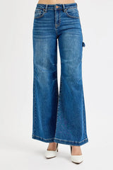 RISEN Full Size High Rise Wide Leg Patch Detailed Jeans Plus Size OutfitFlow