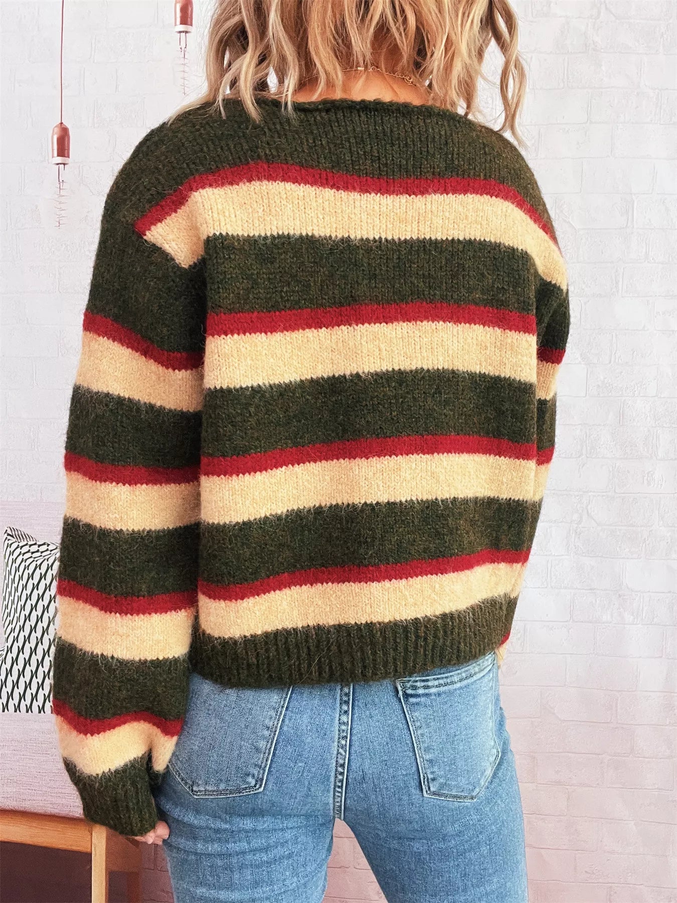 Striped Round Neck Long Sleeve Sweater OutfitFlow