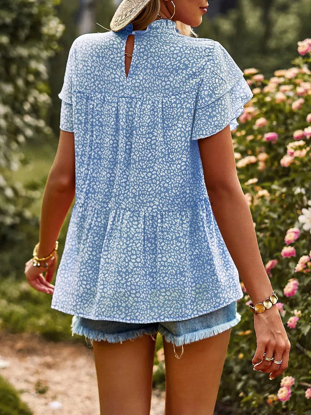 Printed Ruffle Sleeve Babydoll Blouse OutfitFlow
