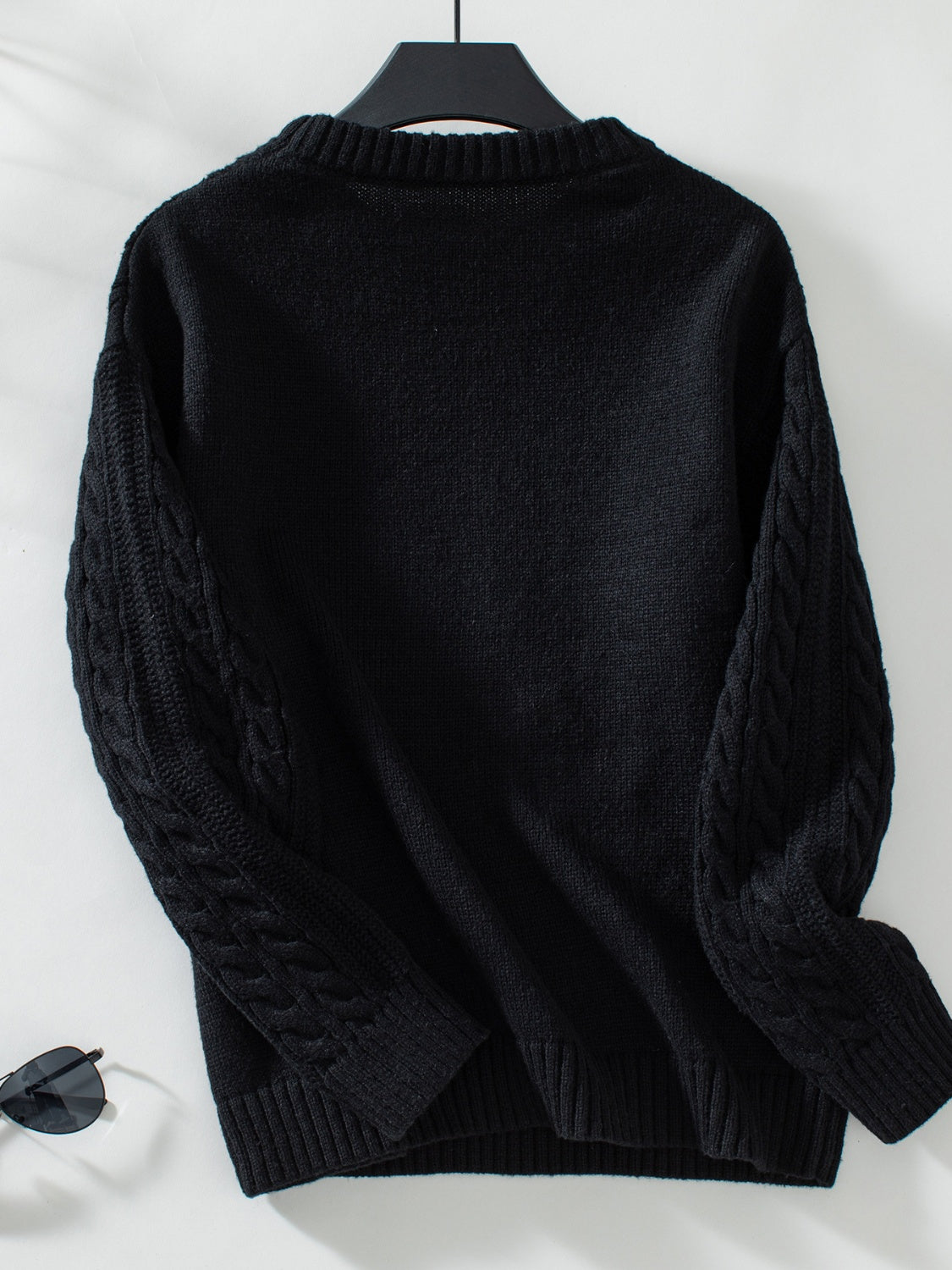 Outfit Flow - Cable-Knit Round Neck Long Sleeve Sweater