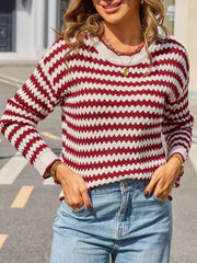 Striped Zigzag Knit Round Neck Sweater Trendsi