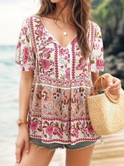 Floral Print Tie Neck Flutter Sleeve Blouse OutfitFlow