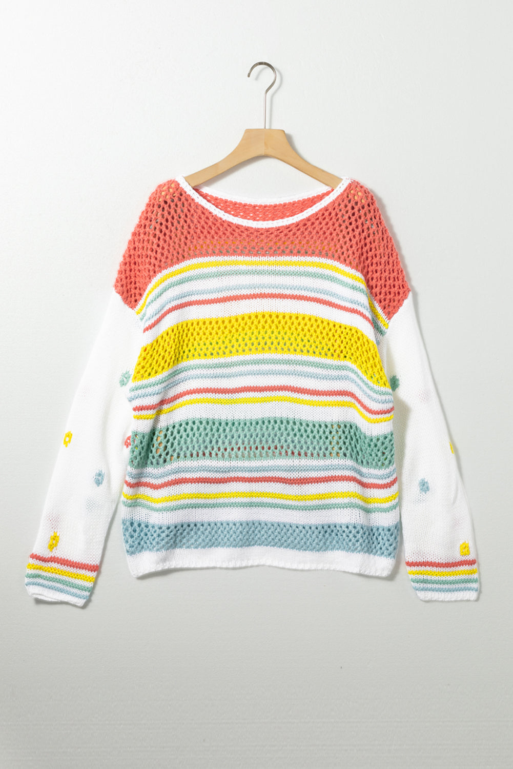 Outfit Flow - Hollow Striped Color Block Round Neck Sweater