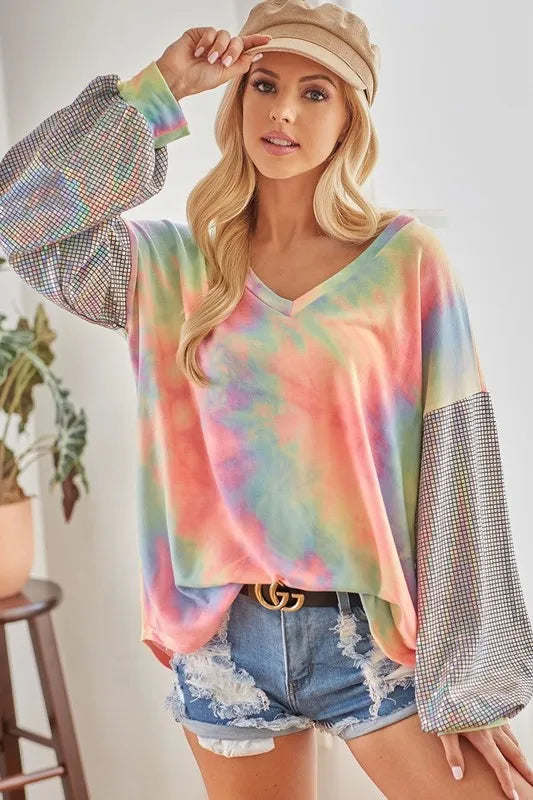 BiBi V Neck Tie Dye French Terry Top with Shiny Trendsi