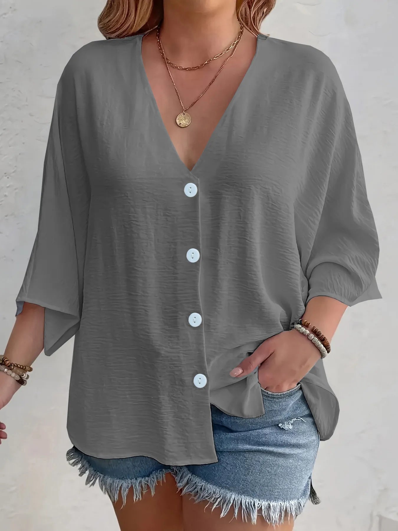 Full Size Casual V-Neck Button Down Relaxed Fit Blouse Plus Size Gray OutfitFlow