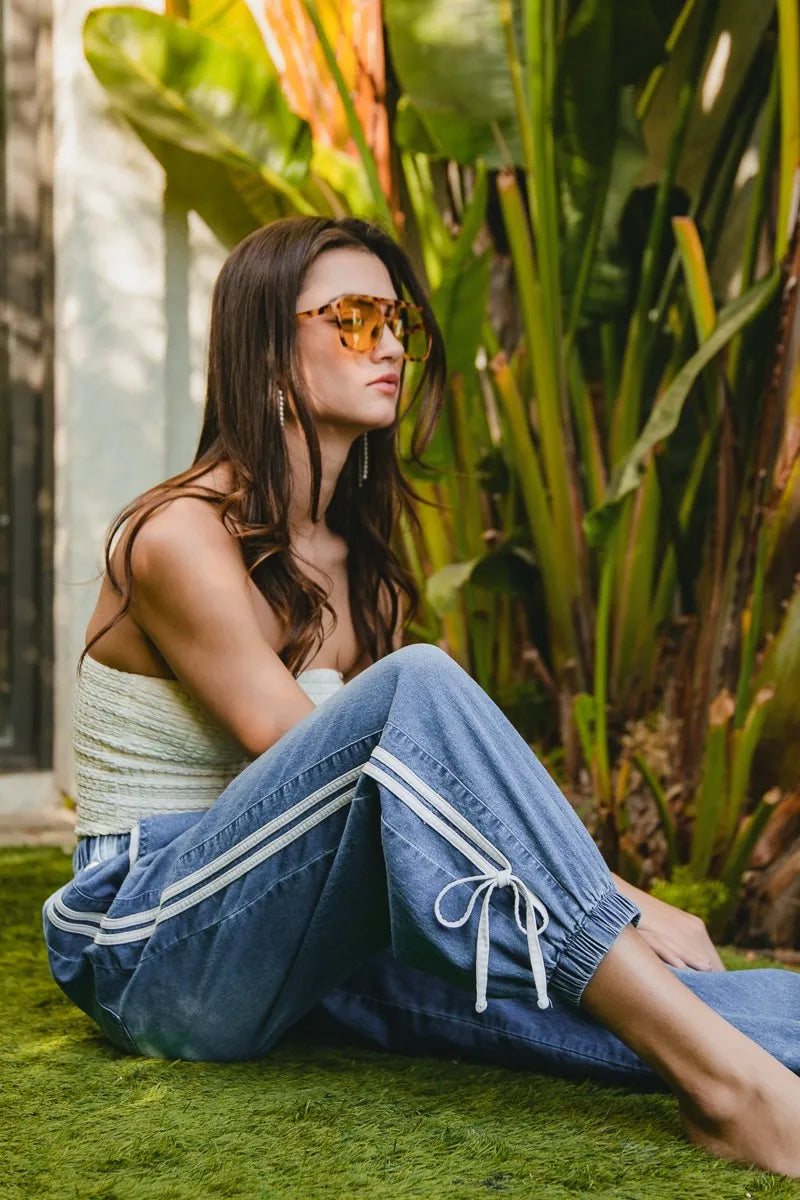 BiBi Striped Tape Details With Bot Tied Point Elastic Waist Jeans OutfitFlow