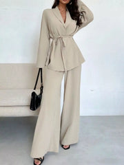 Front Tied Shirt and Wide-Leg Pants Set OutfitFlow