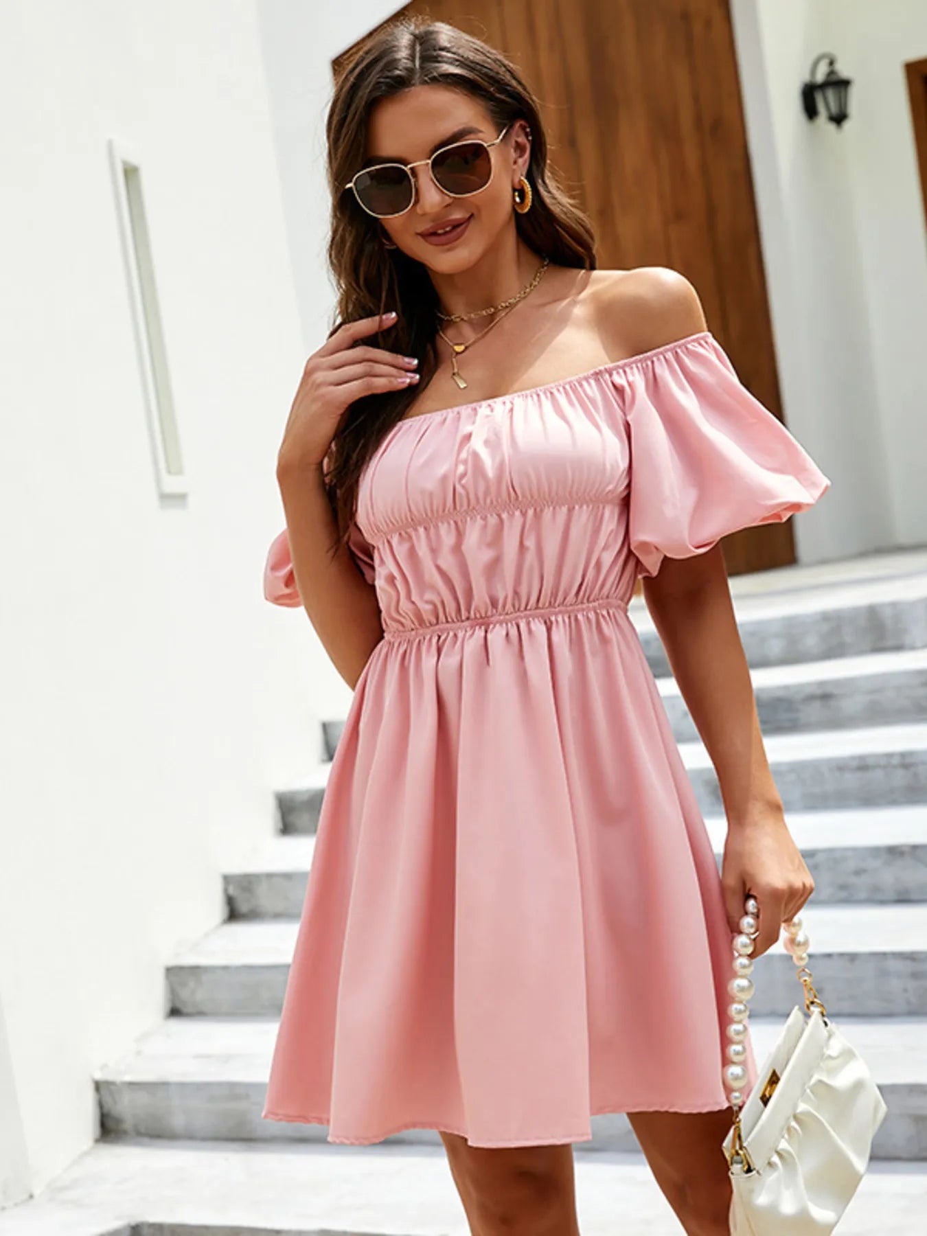 Off-Shoulder Puff Sleeve Mini Dress Blush Pink OutfitFlow