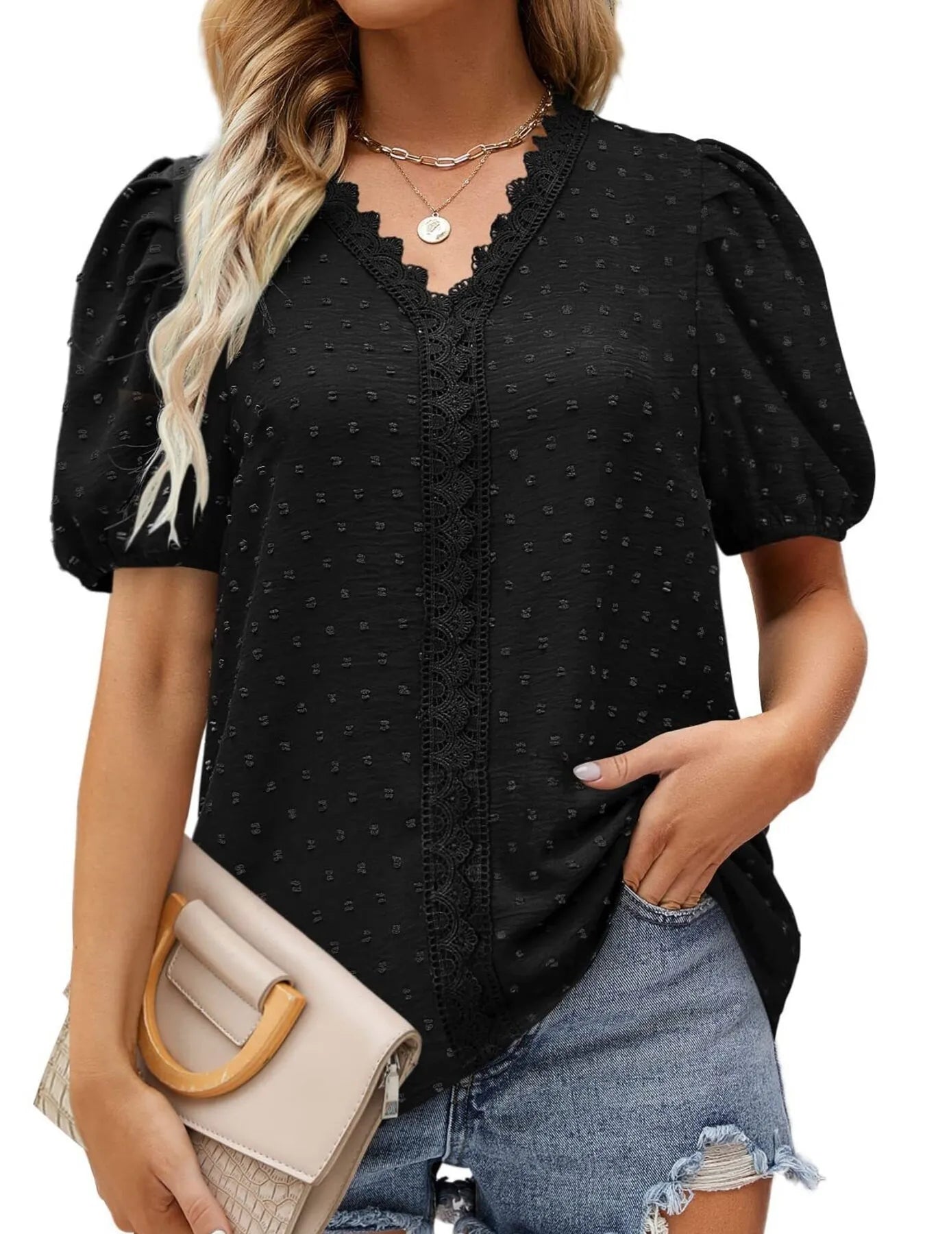 Puff Sleeve Swiss Dot Lace Trim Blouse OutfitFlow
