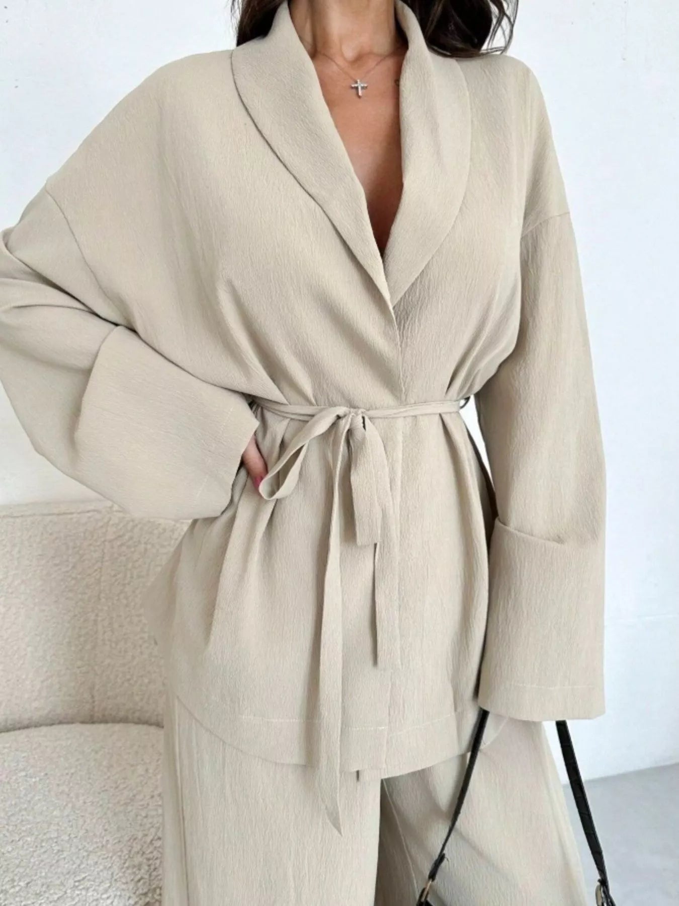 Front Tied Shirt and Wide-Leg Pants Set OutfitFlow