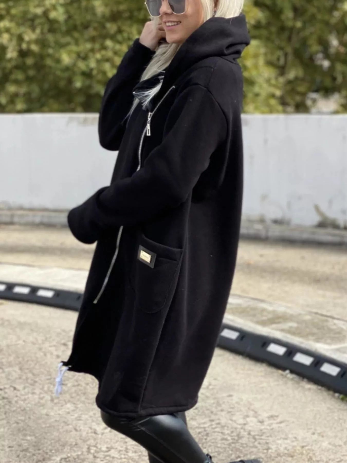 Full Size Asymmetrical Zip-Up Hooded Fleece Outerwear Plus Size Trendsi