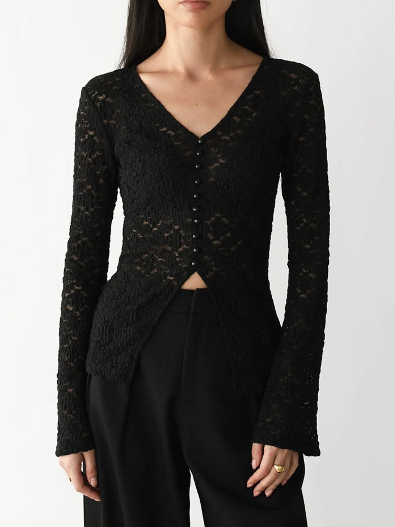 Lace V-Neck Flare Sleeve T-Shirt Black OutfitFlow