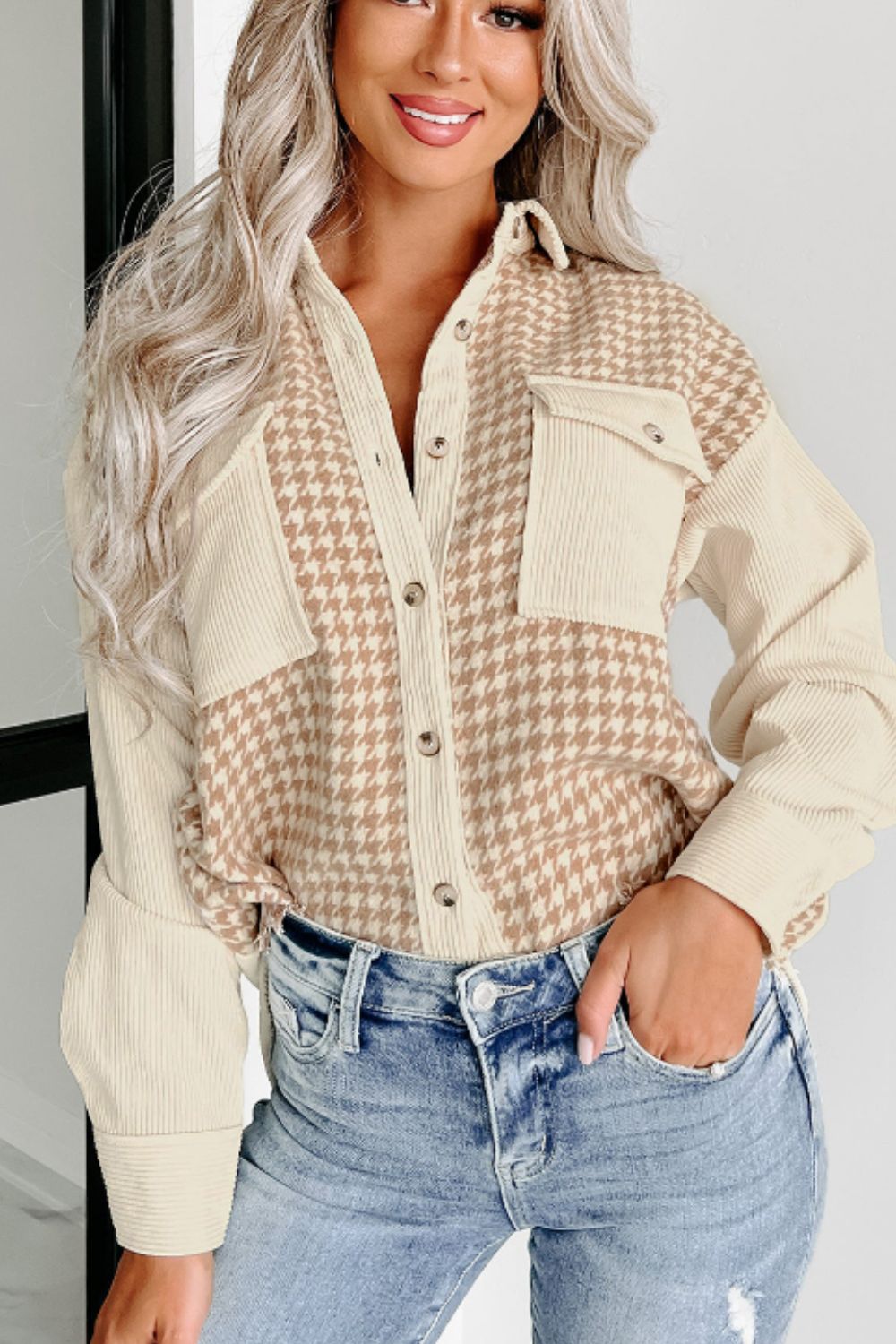 Outfit Flow - Houndstooth Button Up Long Sleeve Jacket