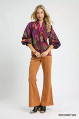Umgee Floral Print Flounce Sleeve Blouse OutfitFlow