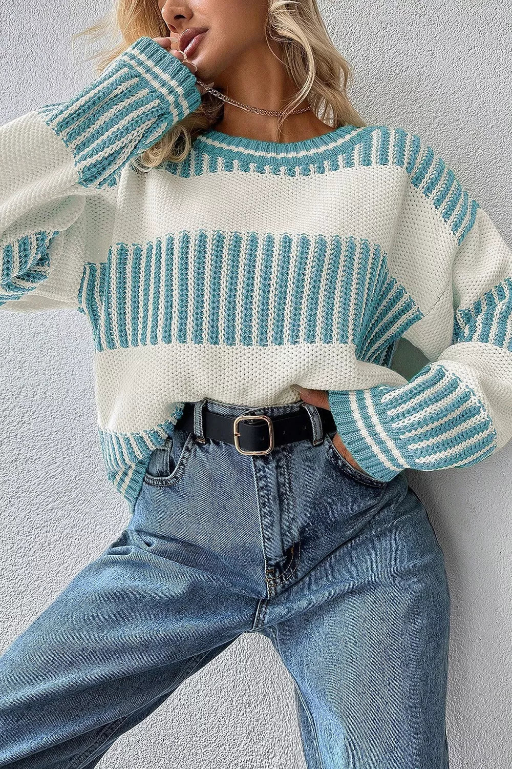 Two Tone Striped Patchwork Drop Shoulder Loose Sweater OutfitFlow