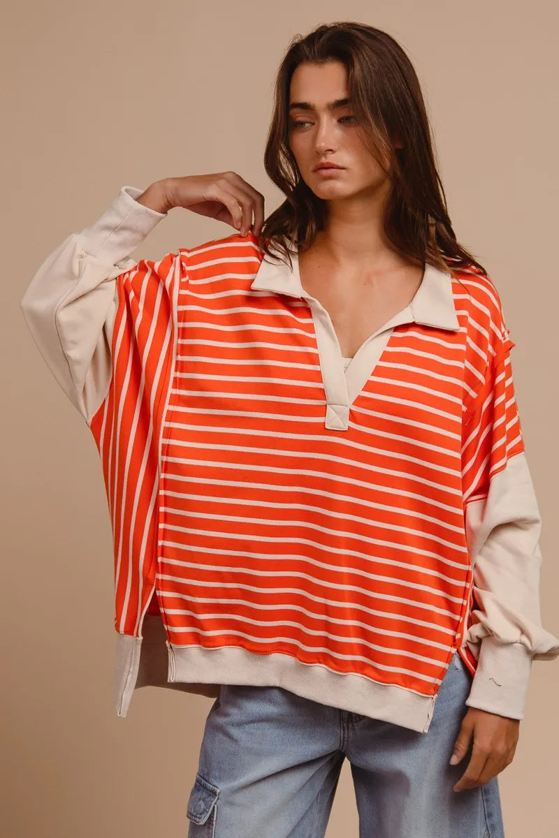 BiBi Stripe Knit Loose Fit Top With Cut Edge Detail OutfitFlow