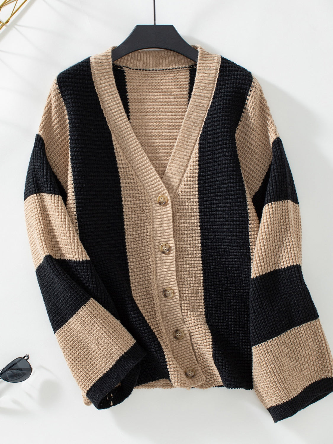 Outfit Flow - Waffle-Knit V-Neck Striped Long Sleeve Cardigan