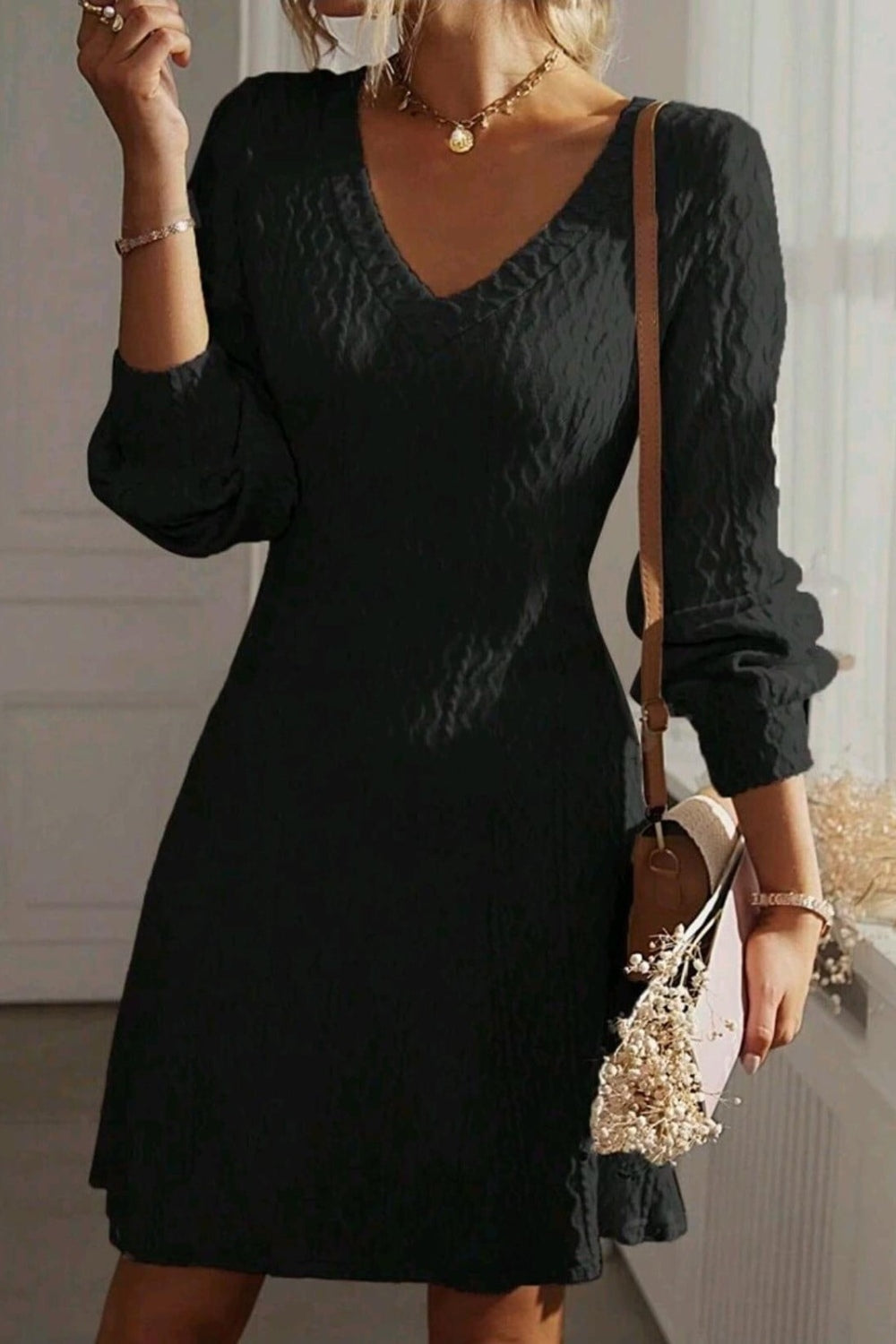 Outfit Flow - Texture V-Neck Long Sleeve Dress