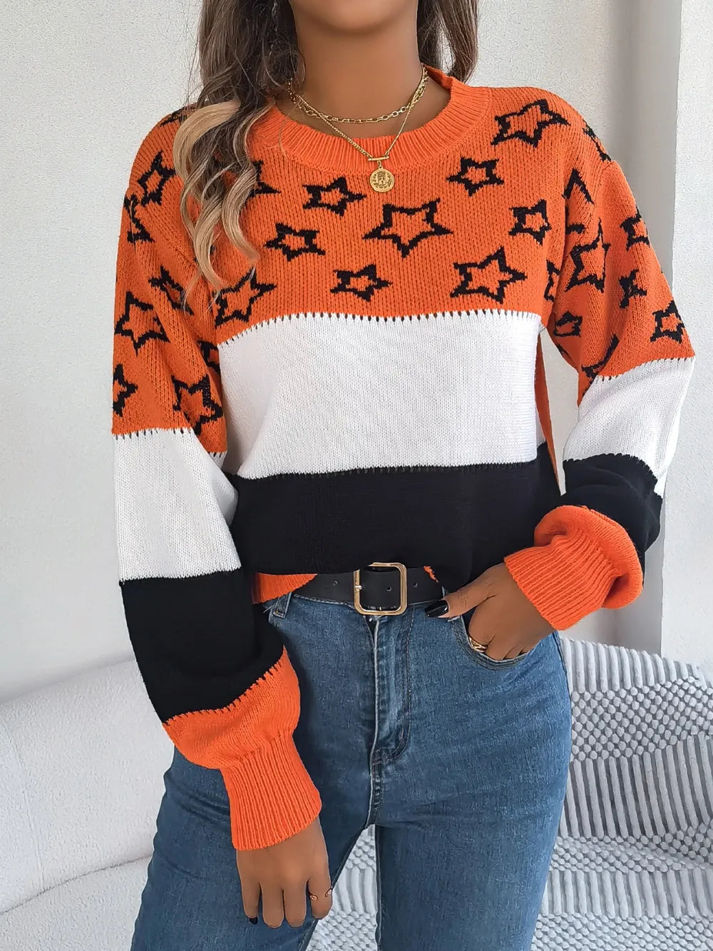 Star Contrast Round Neck Sweater Orange OutfitFlow