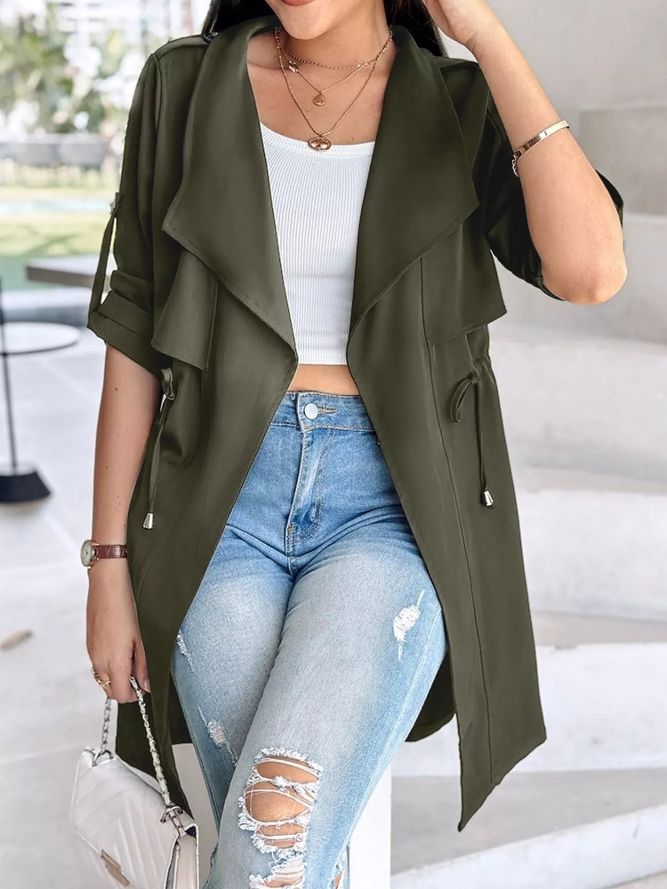 Drape Collar Lightweight Trench Coat Army Green OutfitFlow