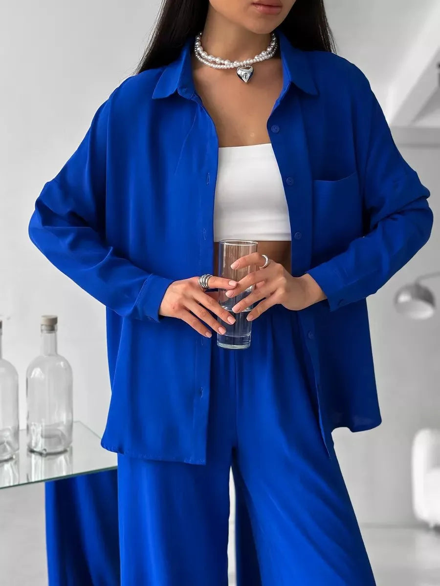 Button Up Long Sleeve Shirt and Pants Set Blue OutfitFlow