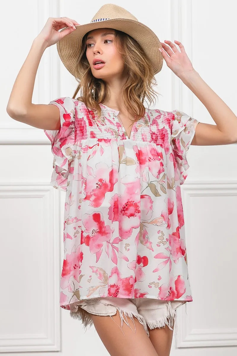 BiBi Floral Print Flutter Sheer Top OutfitFlow
